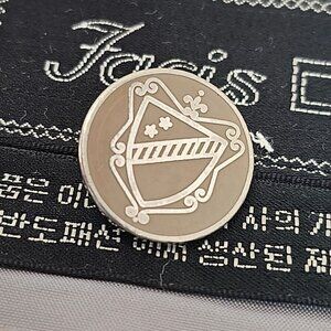 Facis 8 Metal Coat of Arms Buttons + Label Beige Enamel on Silver Tone Vintage